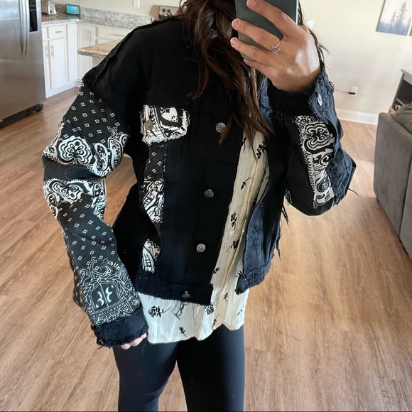 West Side Black Bandana Distressed Denim Jacket - Picture 12 of 14